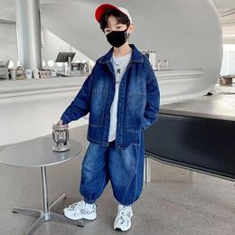 Clothing Sets Big Boys' Denim Suit 2024 Spring Autumn Single Breasted Coat Top Loose Harem Pants Two Pieces Causal Fashionable 4-12 Years