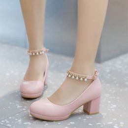 Sneakers Children Girls High heel Shoes For Kids Princess Sandals Fashion Pearl Thick Heel Shallow Female High heels For Party Wedding
