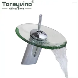 Bathroom Sink Faucets Torayvino Waterfall Round Glass Spout Basin Faucet Chrome Polished Finish Deck Mounted Single Hole Mixer Water Tap