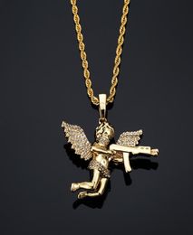 Top Quality Jewellery Zircon GoldSilver Cute Angel Baby With Gun Pendant Necklace Stainless Rope Chain for Men Women4741092