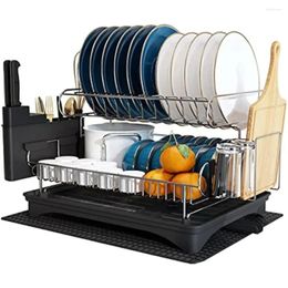 Kitchen Storage Dish Drying Rack And Drainboard Set 304 Stainless Steel Large 2 Tier With Auto-draining Tray Mat For