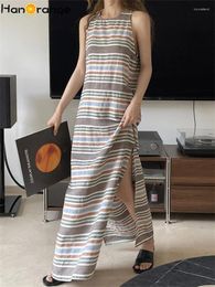 Casual Dresses HanOrange 2024 Summer Linen Stripe Straight Tank Dress Loose Side Split Sleeveless Long Cotton