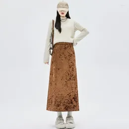 Skirts GUUZYUVIZ Autumn And Winter Golden Velvet Half Skirt Women's Elastic Waist Back Split Long Wrapped Hip