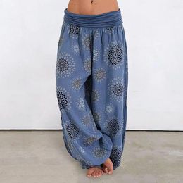 Women's Pants Women Harem Retro Ethnic Print Elastic Mid Waist Loose Deep Crotch Soft Casual Wide Leg Full Length Bloomers Long Trousers