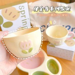 Plates Cute Tulip Children's Bowls Home Ceramic Cartoon Tableware Rice Plate Personal Use One Person Gift Box Set