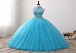 Aqua Blue Ball Gown Quinceanera Dresses High Neck Sleeveless Beaded Lace Appliques Open Back Corset Puffy Tulle Sweet 16 Dresses2576135