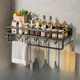 Multifunctional Aluminium Wall-Mounted Shelf Kitchen Spice Storage Rack Kitchen Supplies Storage Hooks Kitchen Accessories
