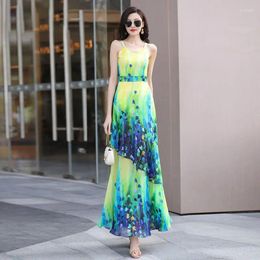 Casual Dresses Elegant V-Neck Printed Spliced Ruffles Chiffon Slip Dress Women's Clothing 2024 Summer Loose Office Lady Floral