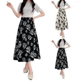 Skirts Elegant Women Vintage Rose Print Long Skirt Basic Wave Striped High Waisted Office Lady Spring Summer Swing Pleated