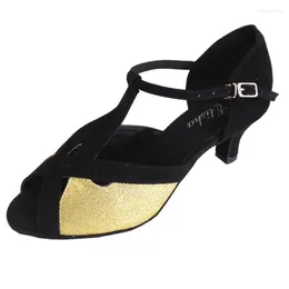 Dance Shoes Elisha Shoe Customised Heel Women's T-bar Strap Black/Gold Colour Salsa Latin Open Toe Ballroom Party