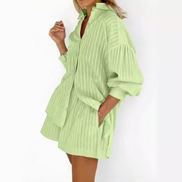 Juicy tracksuit sets for women outfits European and American style shirt jacquard womens striped bubble sleeve shorts commuting two piece set women designer