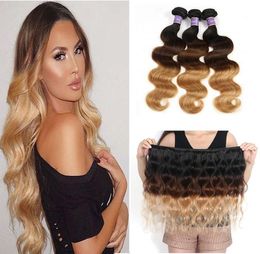 Ombre Human Hair Extensions Brazilian Peruvian Malaysian Body Wave Three Tone Brown Blonde 1B427 Coloured Hair Weave 3 Bundles8630793