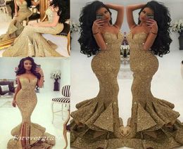 Fashion Women Luxurious Gold Prom Dress Sexy Mermaid Long Spaghettis Straps Formal Evening Party Gown Custom Made Plus Size6159640