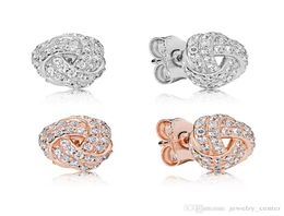18K Rose gold Sparkling Love Knots Stud Earrings Original Box for 925 Sterling Silver Women Girls Earring Set1163657