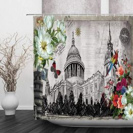 Shower Curtains Retro Building Sketch Watercolour Flower Sao Paulo Landscape Spring Energetic Bird Floral Bathroom Decoration