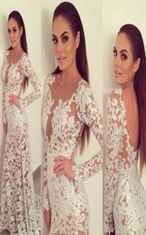 2014 New Sexy Long Sleeves Evening Dress See Through Lace Mermaid Prom Gowns For Women Formal Gowns with Open Back Celebrity Dress8084778