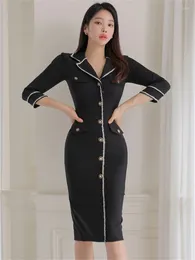 Casual Dresses Summer Dress Women 2024 Notched Slim Bodycon Female Simple Fashion Buttons Vintage Black Blazer Woman Clothes