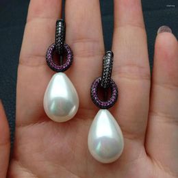 Dangle Earrings Teardrop White Sea Shell Pearl Red Cz Pave Ring Stud