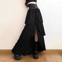 Skirts 2024 Gothic Skirt High Street Bandage Cake Harajuku Black Y2K Korean Ruffles Long Vintage