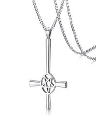 Large Silver Inverted Cross Occult Pentagram Necklace in Stainless Steel Satanic Gothic Satan Jewelry2340388