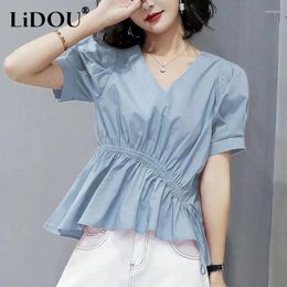 Women's Blouses Summer V-neck Shirring Waist Shirt Ladies Solid Colour Casual Fashion Pullover Blouse Femme Puff Short Sleeve Tops