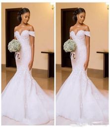 2021 Real pics African Black Women Mermaid Wedding Dresses Bridal Gowns Off Shoulder Lace Appliques Slim Beautiful Ladies Vestidos1289296