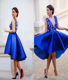 New Sexy Royal Blue Plunging V neck Backless Short Cocktail Dresses Lace Satin Homecoming Dresses Hi Lo Arabic Plus Size Prom Part9271856