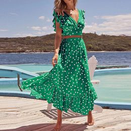 Elegant Deep V Neck Crop Tops+High Waist Big Hem Skirts Outfits Women Polka Dot Printing Holiday Beach Set 2024 Summer Beach Set