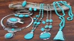 Earrings Necklace Fashion Vintage Natural Turquoises Stone Pendant Bracelet Ring For Women Tassel Sweater Chain Boho Jewellery Set5939361