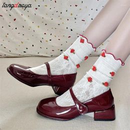 Dress Shoes Retro Red Mary Jane Women Thick Heels Ankle Buckle Lolita Woman Student French Square Heel Shallow Mouth Single Shoe
