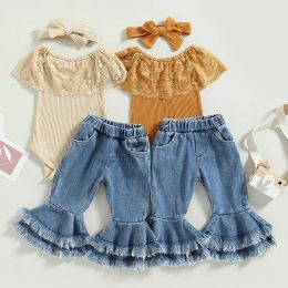 Trousers Newborn Baby Girls Clothes Set Sleeveless Lace Patchwork Romper with Tasselled Denim Flare Pants and Headband 3Pcs Set