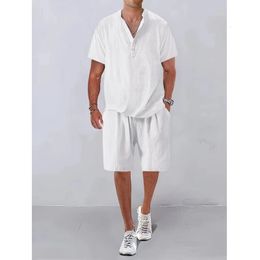 Fashion Men Sets Mens Solid Colour Summer Stand Collar Linen Outfits Short Sleeve Polo ShirtShorts Two Pieces Casual Suit 240402
