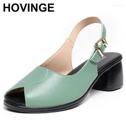 Dress Shoes 2024 Genuine Leather Sandals Female Summer Thick Heel Open Toe Mid Heels Ladies Big Size Non-slip Soft Sole