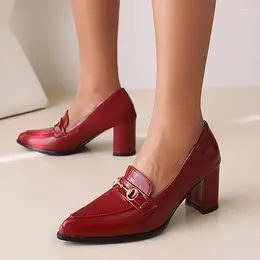 Dress Shoes Plus Size Glossy Patent Leather Breathable Pumps Pointed Toe Thick Heel Slip-On Women's High Heels Metal Trim Office Lady