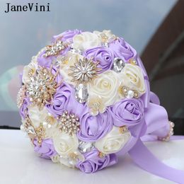 JaneVini 2024 Light Purple Artificial Crystal Bride Wedding Bouquets Pearls Rhinestones Bridal Hand Flowers Custom Satin Roses