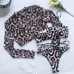 Long Sleeve 3 Piece Swimsuit High Cut Leopard Cover Up Push Bikini Separate Sports Bandage Bathing Suit Thong Swimwear 240409