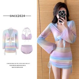 Women's Swimwear 2024 Bikini Women Female Swimsuit With Cover Up Split Type Set Sweet Colours Hanging Neck Spring