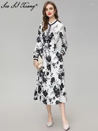 Casual Dresses Seasixiang Fashion Designer Spring Dress Women Stand Collar Long Sleeve Floral Print Draw String Vintage Single Breasted