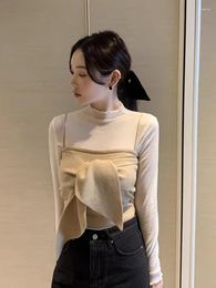 Women's Tanks Korean Style Two Pieces Suit Women Spring Autumn Stand Collar Long Sleeves Undershirts Bow Knitted Strapless Camisole