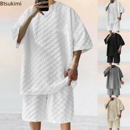 Men's Tracksuits Summer Clothing Fashion Jacquard Plaid 2 Piece Sets Men Solid Short Sleeve T-shirt And Casual Shorts Suit Trend Tracksuit