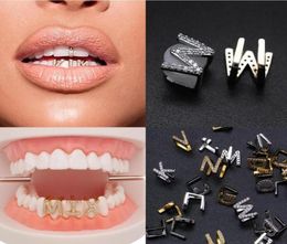 Gold White Gold Iced Out AZ Custom Letter Grillz Full Diamond Teeth DIY Fang Grills Cosplay Tooth Cap Hip Hop Dental Mouth Teet5286581