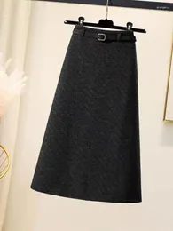 Skirts 2024 Winter Solid Woollen Midi Skirt Women Elegant Streetwear A-line Zipper Long Female Vintage High Waist Thick Simple