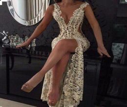 Dress Evening Wear Sexy Champagne High Side Split Mermaid Evening Dresses Beads Pearls Nigerian Lace Styles Prom Dress7672380