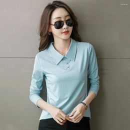 Women's T Shirts Women Spring Autumn Blue Cotton T-shirt Fashion Polo Collar Long Sleeve Slim Tees Tops Simplicity Casual Basic