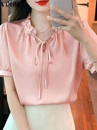 Women's Blouses VONDA Women Summer Fashion Short Sleeve Ruffled V-Neck Elegant Shirts 2024 Casual Solid Color Tunic Tops Loose Blusas