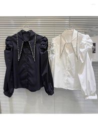 Women's Blouses HIGH STREET Fashion 2024 Designer Blouse Shirt Water Diamond Pointed Collar Edge Bubble Sleeve Top