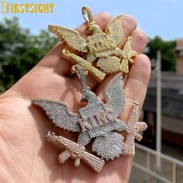 Iced Out Bling Zircon King Bald Eagle Pendant Necklace Two Tone Color CZ Letter Double Gun Charm Men Hip Hop Rock Jewelry 240403