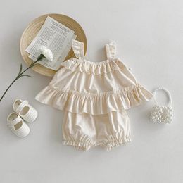 Clothing Sets Summer Baby Girls Clothes 0-3 Years Old Toddler Set Cotton Plain Fold Lace Suspender Top Shorts Two Piece For