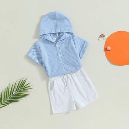 Clothing Sets Kids Baby Boys Tops Shorts Summer Casual Blue Striped Short Sleeve Hooded And Drawstring Beach Holiday Boy Set