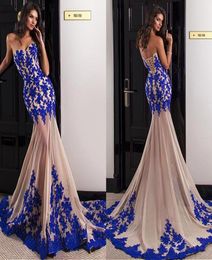 Sweetheart Neckline Mermaid Evening Dresses With Lace Appliques Royal Blue and Nude Slim Prom Dress vestidos de fiesta largos3357293